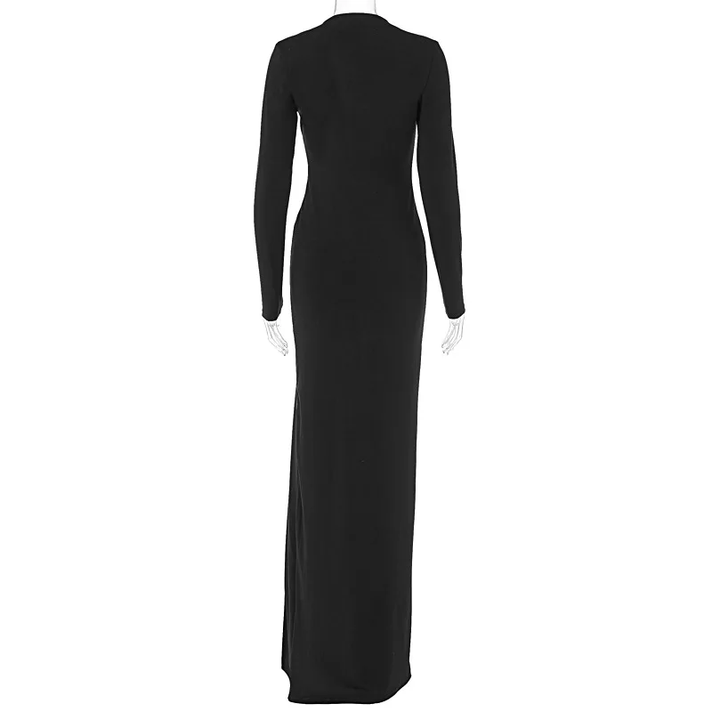 Black V-Neck Hollow Out Maxi Dress Women's Sexy Slim High Split Long Sleeve Party Dress Fashion See-Through Long Dress New