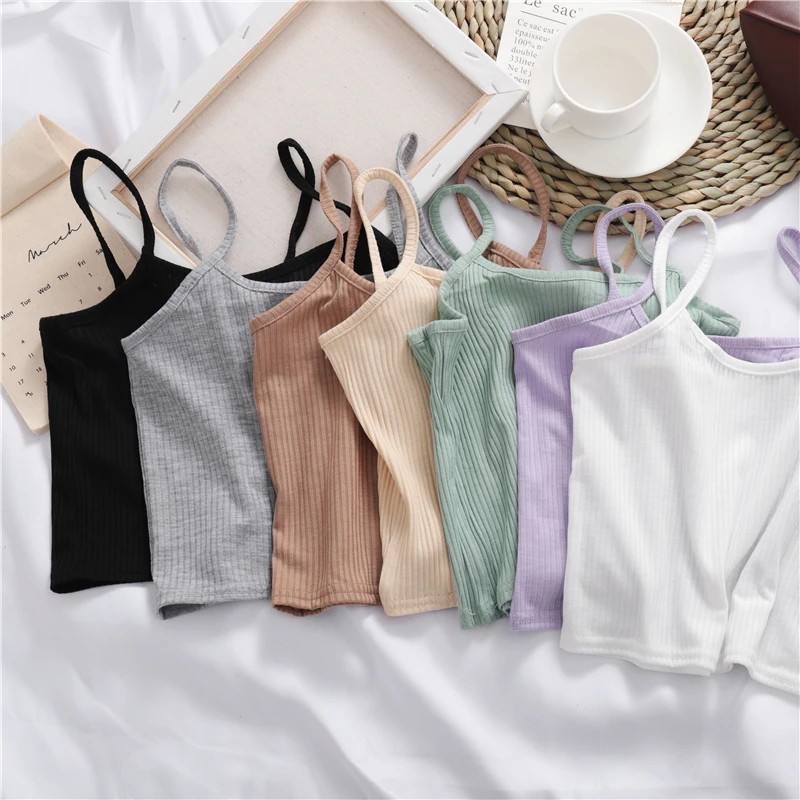 Free shipping Women sexy Crop Tops Female Knitted Camisoles Cotton Solid Cute Tube Camis Straps Plain Basic For |