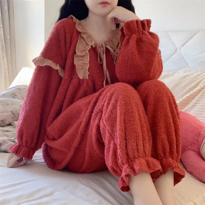 Lovely Coral Velvet Pajama Lady Autumn Winter with Velvet Princess Wind Home Can Be Worn Outside Two-piece Long Sleeve traf