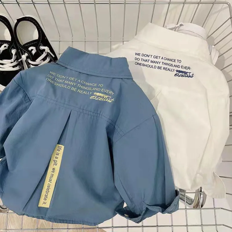Boys Long Sleeve Shirts Spring Summer Lapel Solid Color Printed Fashion Trend Korean Version Casual Cotton