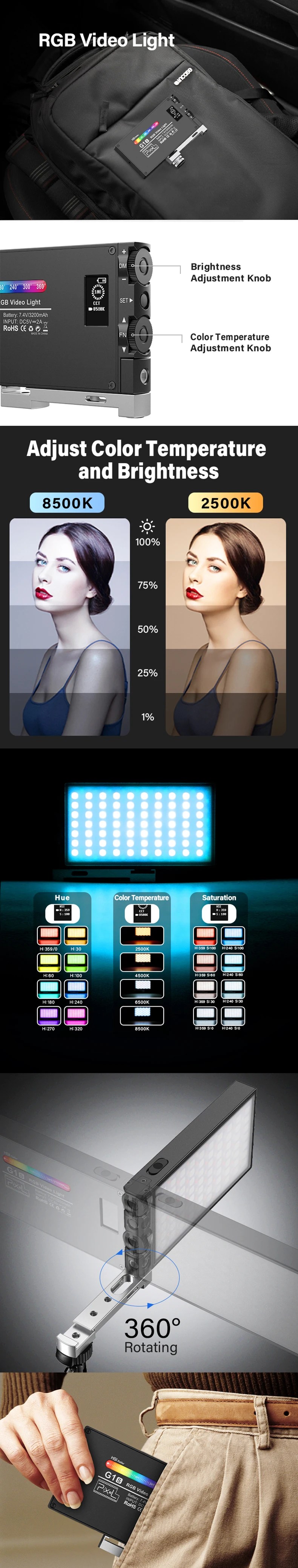 Description Picture 5 of itemPixel G1S RGB LED Video Fill Light Full Color 2500K-8500K Built-in Lithium Battery for Camera Smartphone Professional Lamp