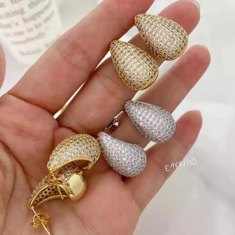 

5Pairs,Gold Plated Full Zircon Water Drop Stud Earrings Silver Thick Hollow Teardrop Wedding Party Statement Earrings for Women