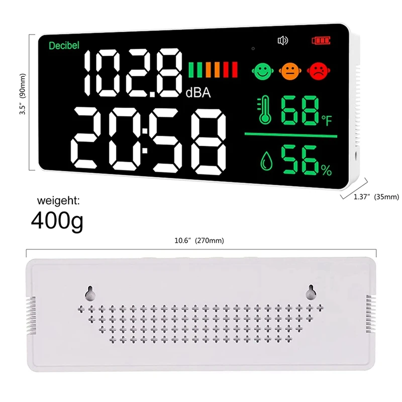 데시벨 계량기 벽걸이 사운드 레벨 계량기, 8.6 인치 대형 LED 디스플레이, 소음 시간 온도, 30-130DB 범위