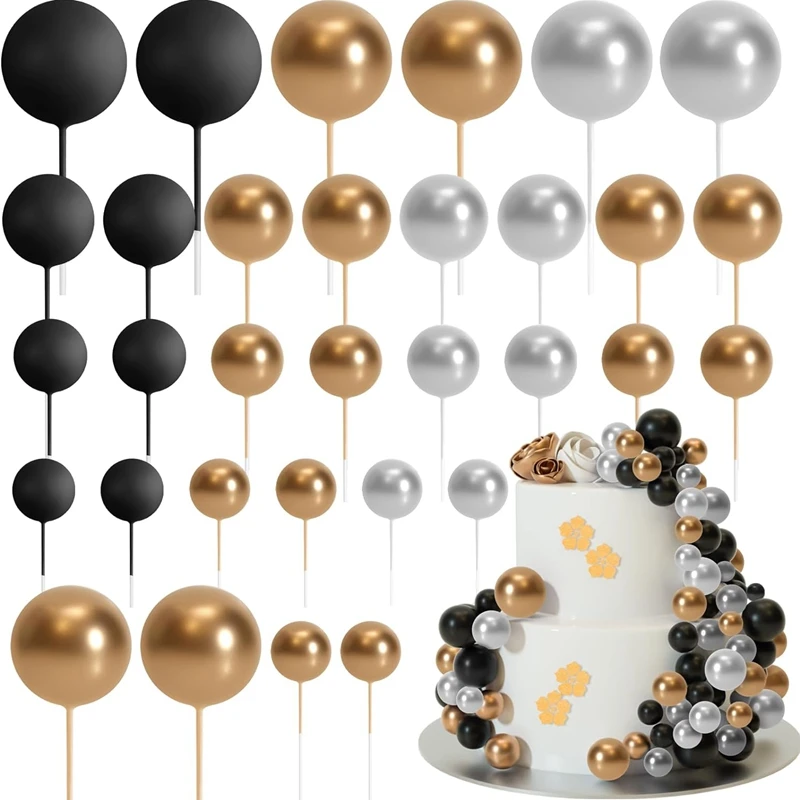 20Pcs Cake Gold Silver Ball Happy Birthday Cake Topper DIY Cupcake Flag Wedding Christmas Ball Decor Baby Birthday Decoration