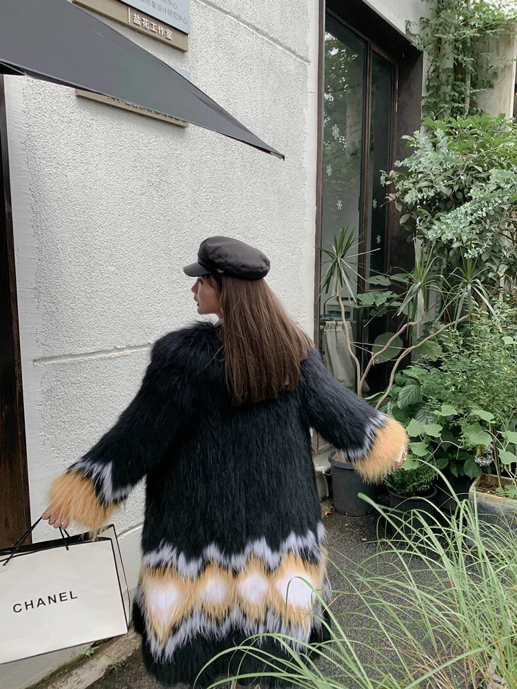 Fox Fur Raccoon Dog Fur Woven Jackets Medium Length Large Lapel Contrast Coat Women Knitted Thick Warm Fur Sexy Club Outerwear