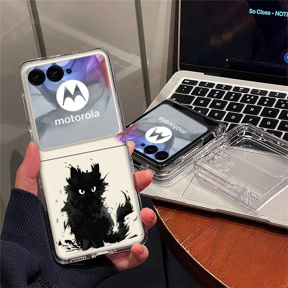 Cute Lazy Black Cat Transparent Hard Folding Phone Case Cover