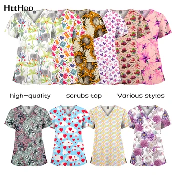 Wholesale Polyester Spandex Uniforms Beautiful Hospital Scrubs Tops Women Nurse Printed Scrub Top Healthcare Nursing Scrub Shirt 1