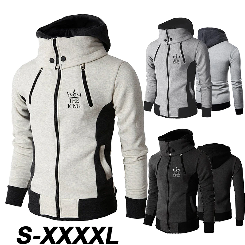 New Men's Fashion Sweater Coat Four Zipper King Print Hoodie Sweater Coat Casual Outdoor Sports Jacket