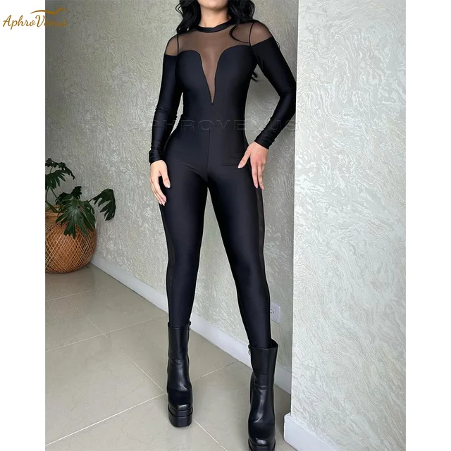 Women Sports Fitness Long Sleeve One-Piece Yoga Jumpsuits Black Sexy Tight Fitting High Waist Workout Suits 1