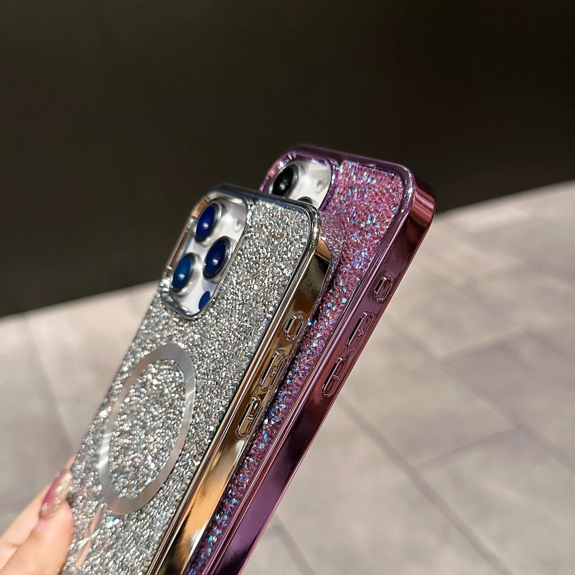 Glitter Shining Diamond Plating Slim Phone Case with Wireless Charging and Magnetic Back Cover