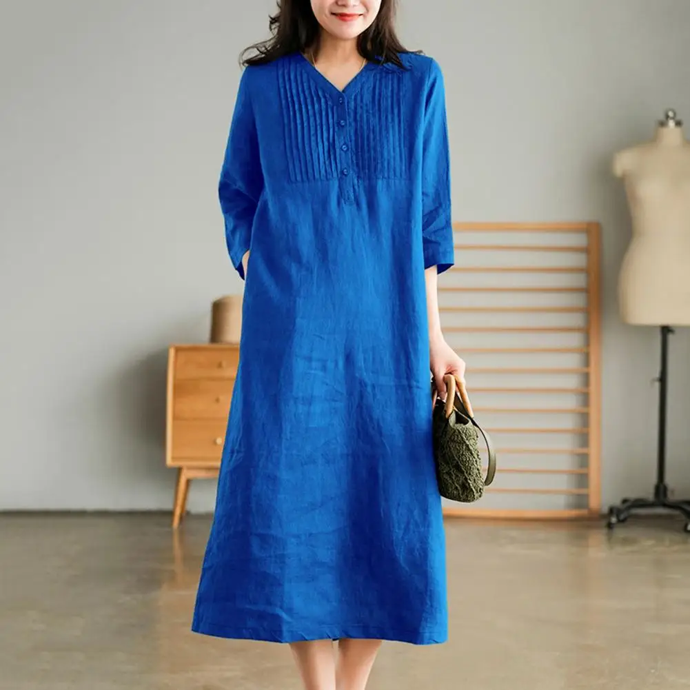 

Spring/Summer Linen 5/4 Sleeves Western Style Age Reducing Fashion Dress Women's Leisure V-neck Thin Knee Length Dress
