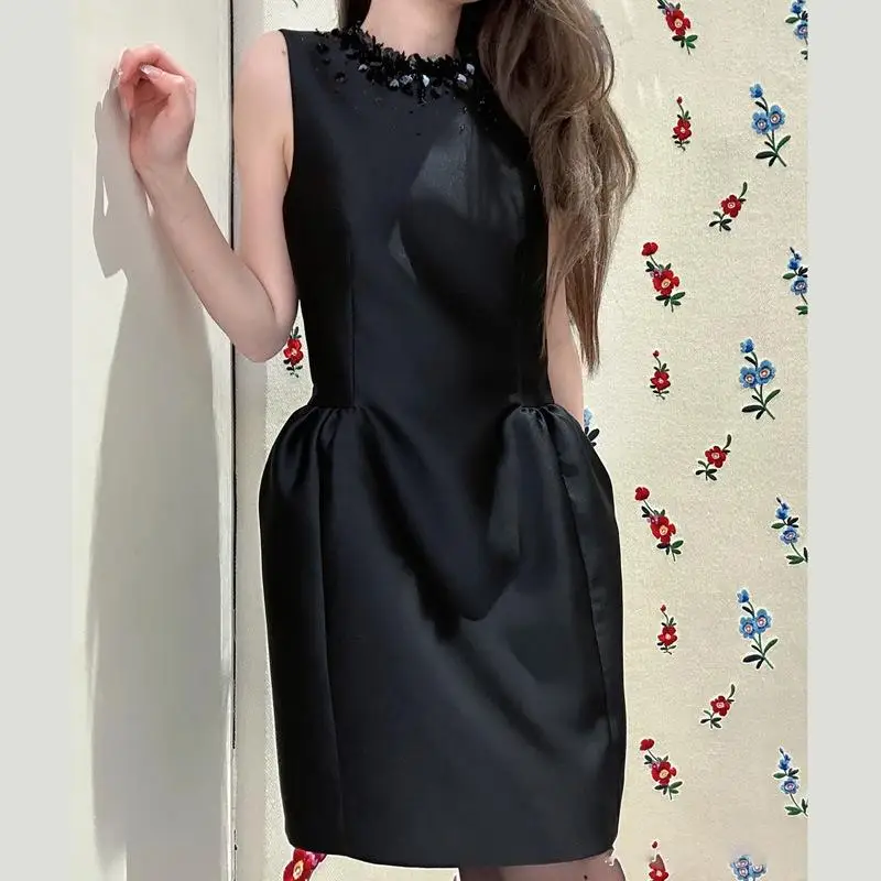

Beading Embellished Sleeveless Black Dress Hollowed Out Back Sexy Evening Party Short Dresses 2024 Spring Summer Brand New