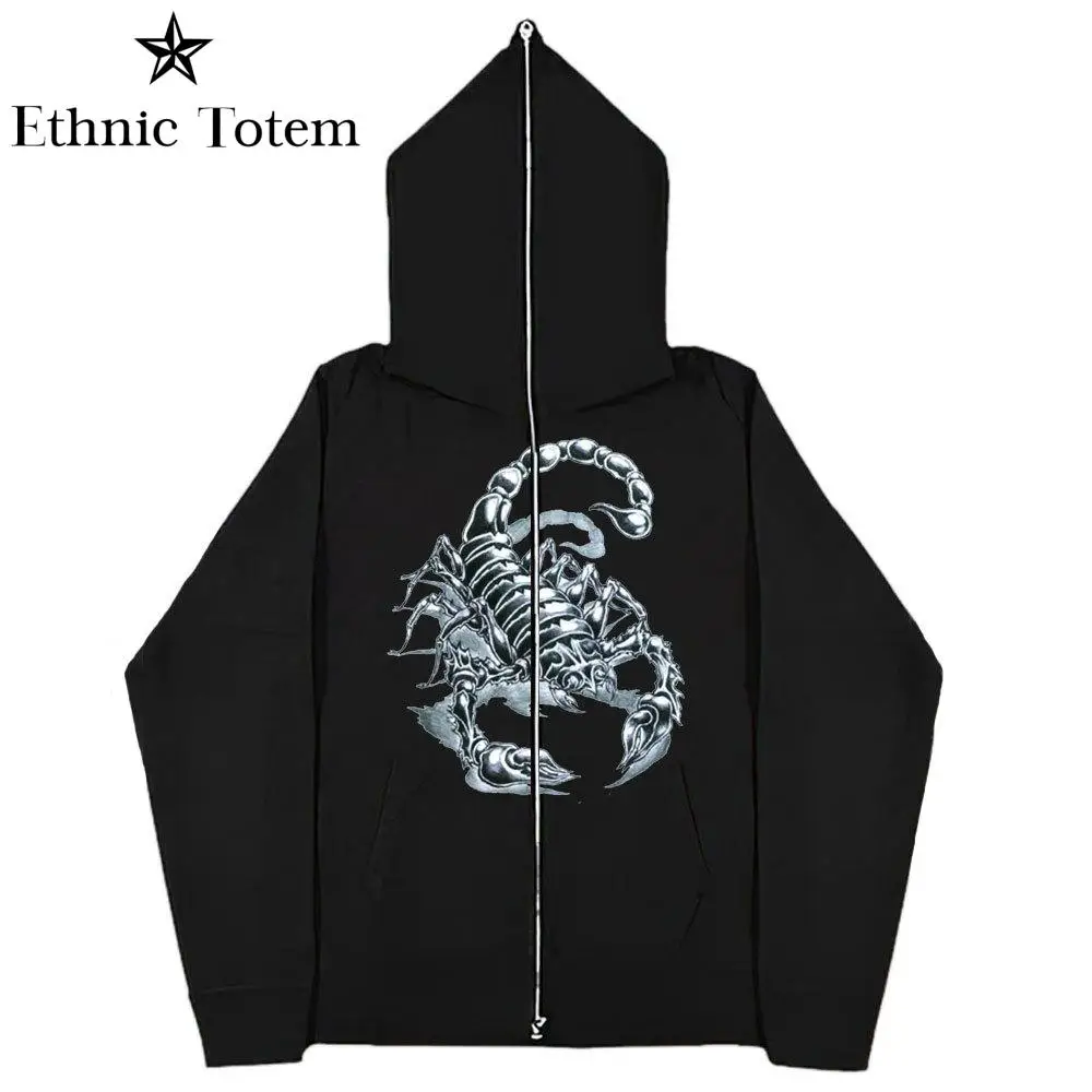 Y2K Zip Up Hoodie Men Skull Zipper Vintage Y2K Coat Oversized Hoodies Harajuku Streetwear Demon Sweatshirts Spider Men Women