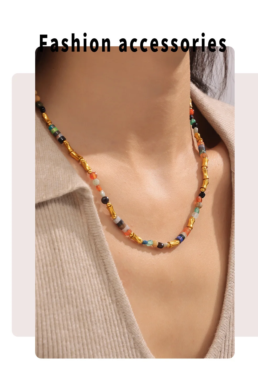 Boho 316l Edelstahl Halskette für Frauen bunte Natursteine Schlüsselbein kette Luxus Vintage Schmuck – Detail 3