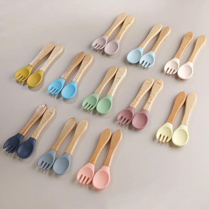 Baby Silicone Fork Spoon Set Wooden Handle Feeding Set 1Set