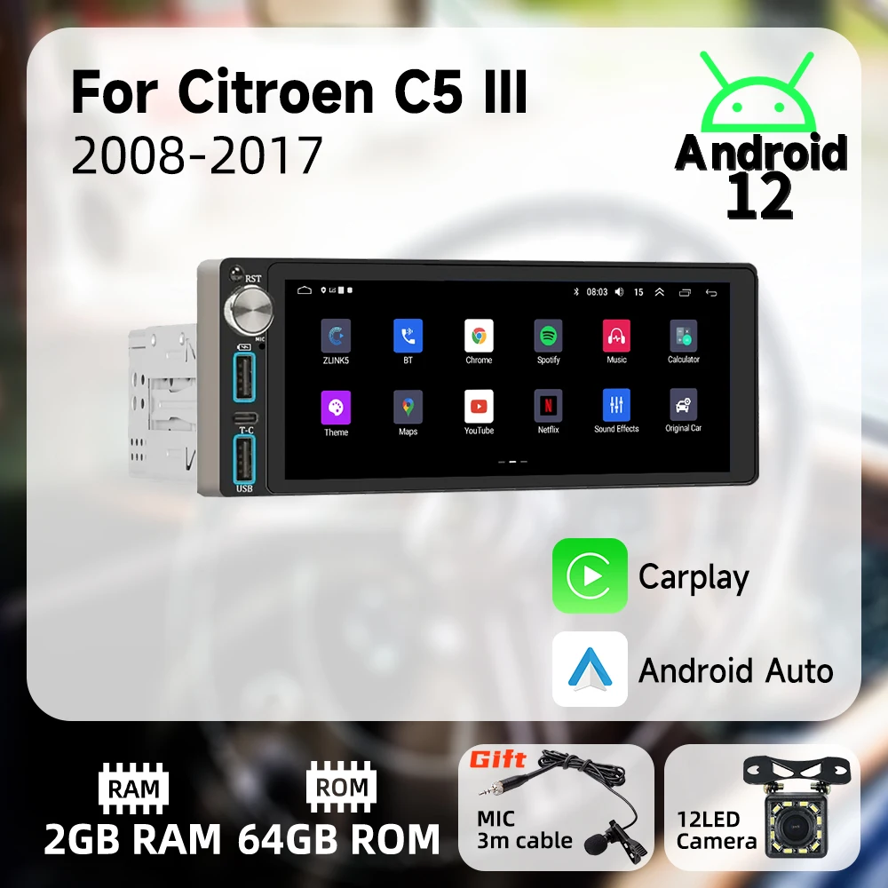 

Carplay 1 Din Radio Android Car Multimedia for Citroen C5 III 2008-2017 6.86" Screen Stereo Head Unit Autoradio GPS Navigation