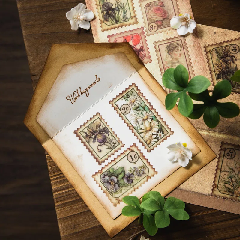 40pcs/pack Vintage INS Stamp style sticker pack Decorative scrapbooking material hand made  Junk Journal Supplies Craft Supplies 100 pcs vintage ins flowers plant large size decorative paper diy scrapbooking material background paper junk journal supplies