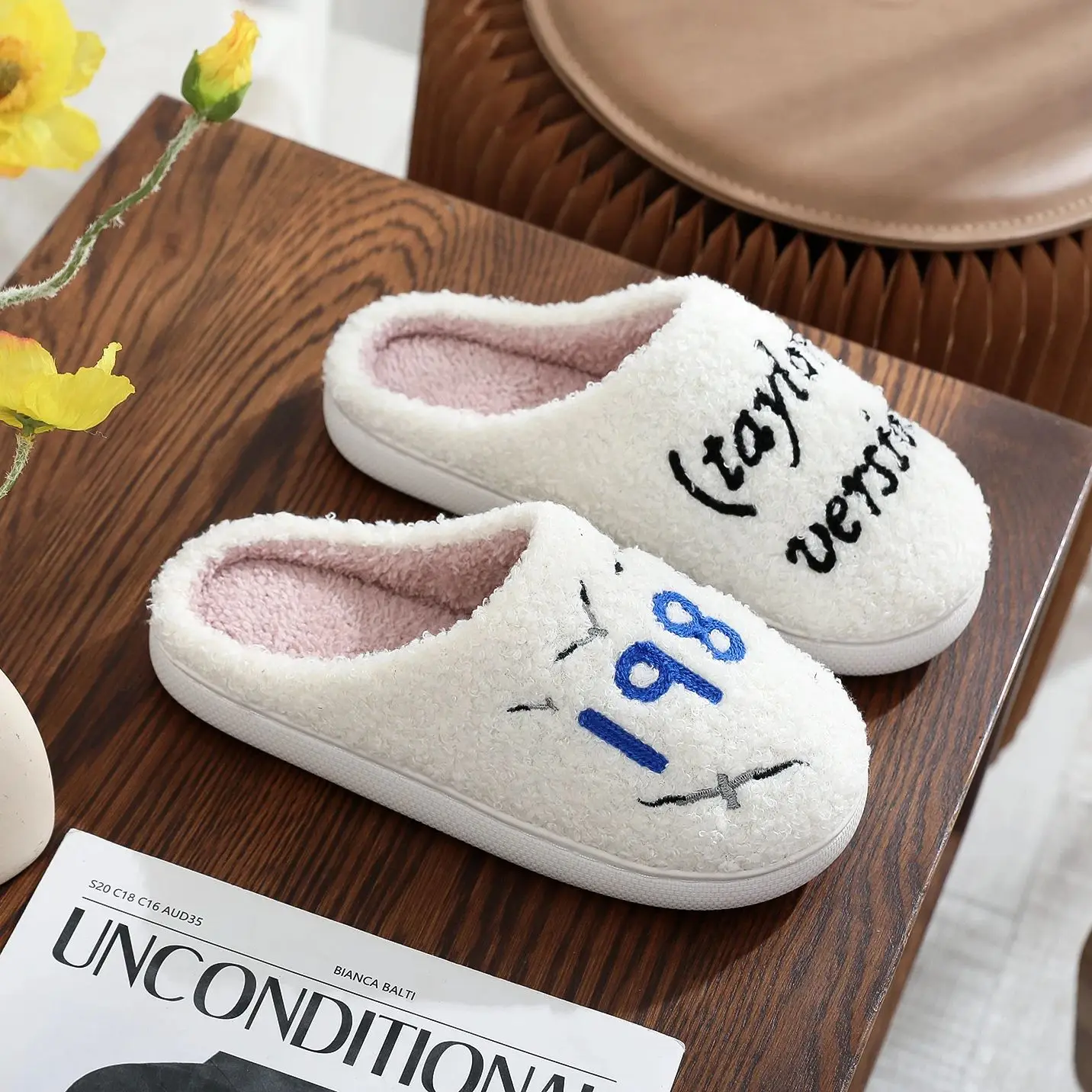 Music Idol 1989 Taylor Letter Embroidery stuffed Home Thick Sole plaid Furry Cotton Slippers Cute Warm Non-slip Indoor Slippers Gift for Friends 4
