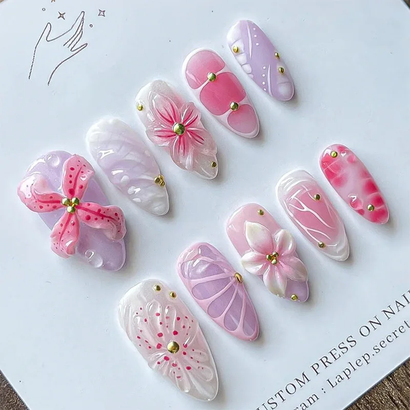 24PCS Pink Almond Press-On Nails with 3D Floral Design and Golden Pearl Accent