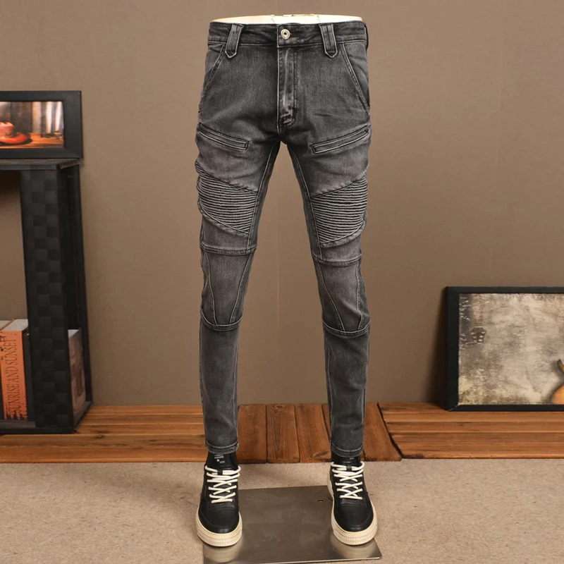 Street Fashion Men Jeans Retro Black Gray Stretch Skinny Fit Spliced Biker Jeans Homme Patched Designer Hip Hop Denim Pants Men