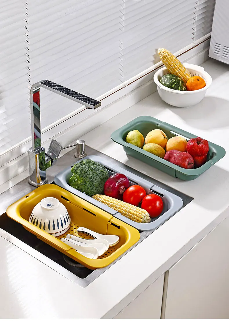 Sink Drain Rack – Adjustable Retractable Kitchen Shelf with Plastic Drain Basket
