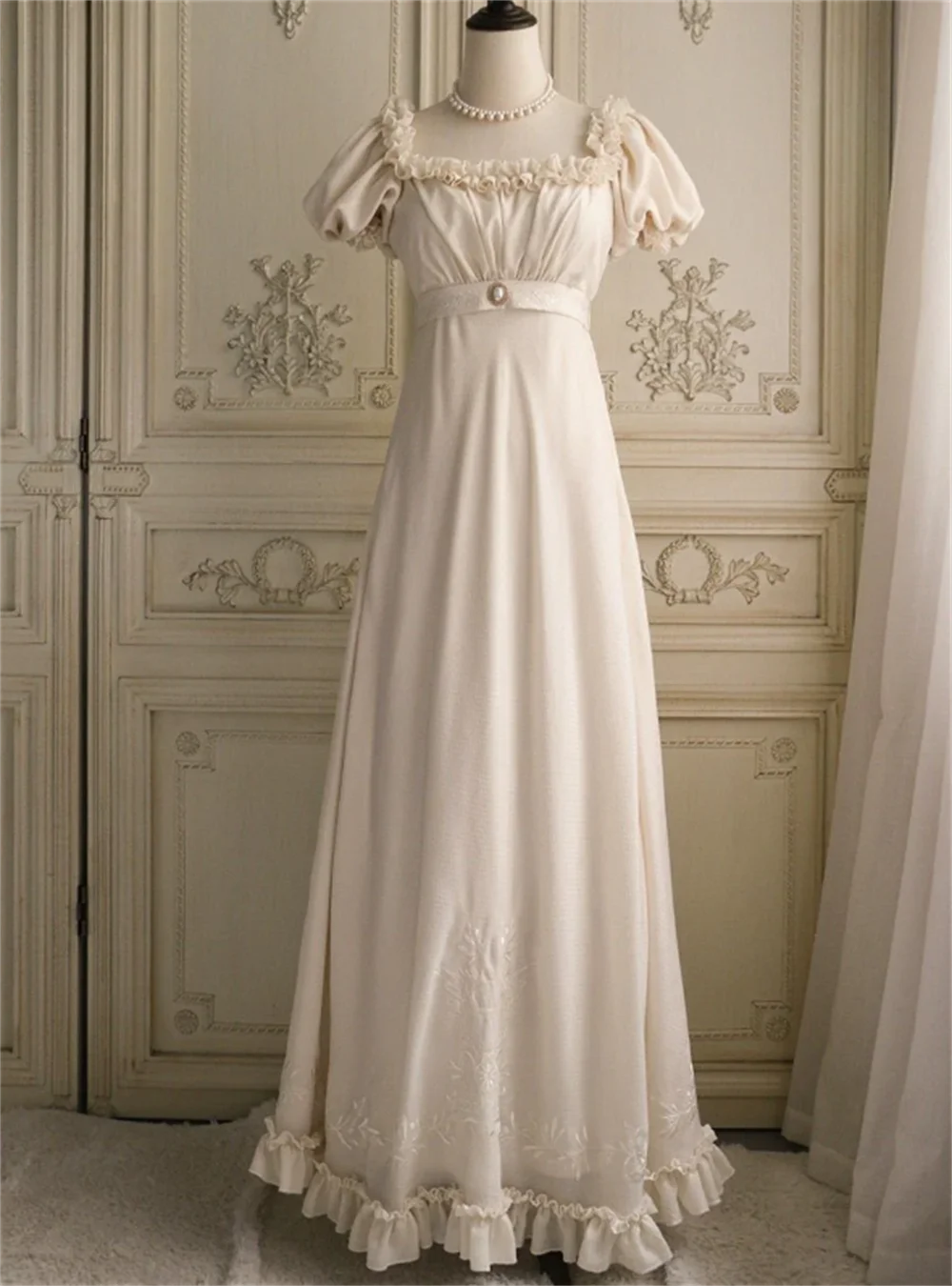 White Embroidery Regency Era Dress Empire Waist Jane Austen