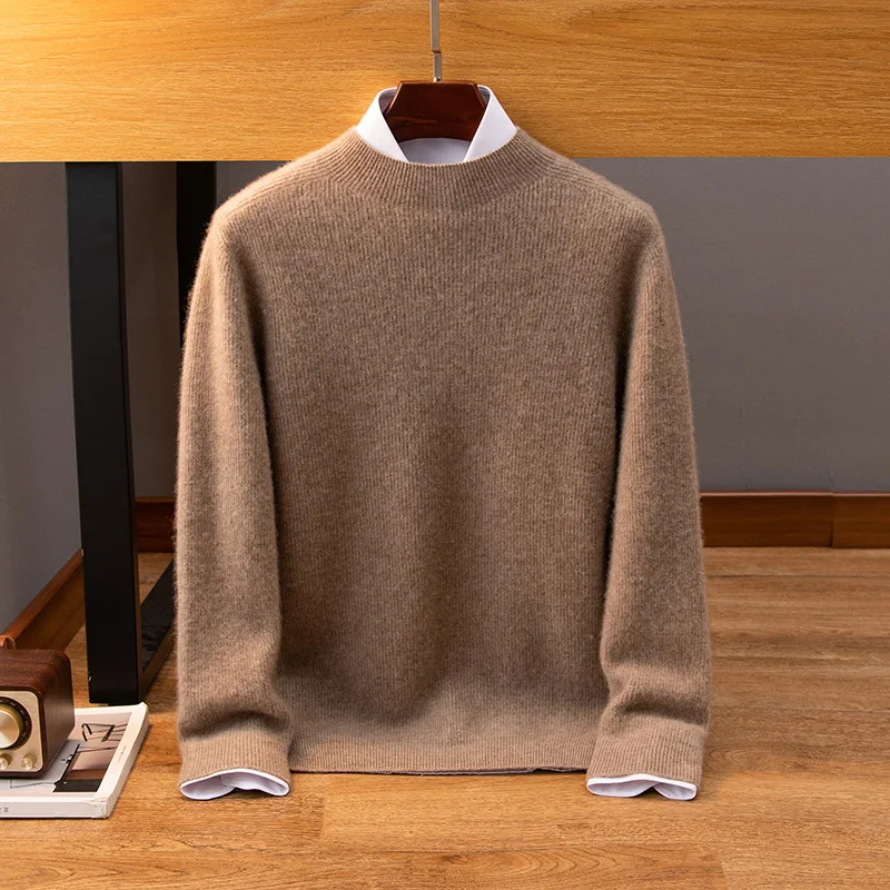 100% Cashmere Sweater Men's First-line ready to wear Semi High neck Knitted Pullover Autumn Winter New Base Sweater Menswear 3
