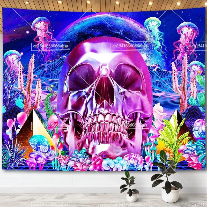 

Skull Punk Wall Hanging Aquamarine Tapestry Hippie Trippy Skeleton Mushroom Tapestries Aesthetic Bedroom Decoration Backdrops