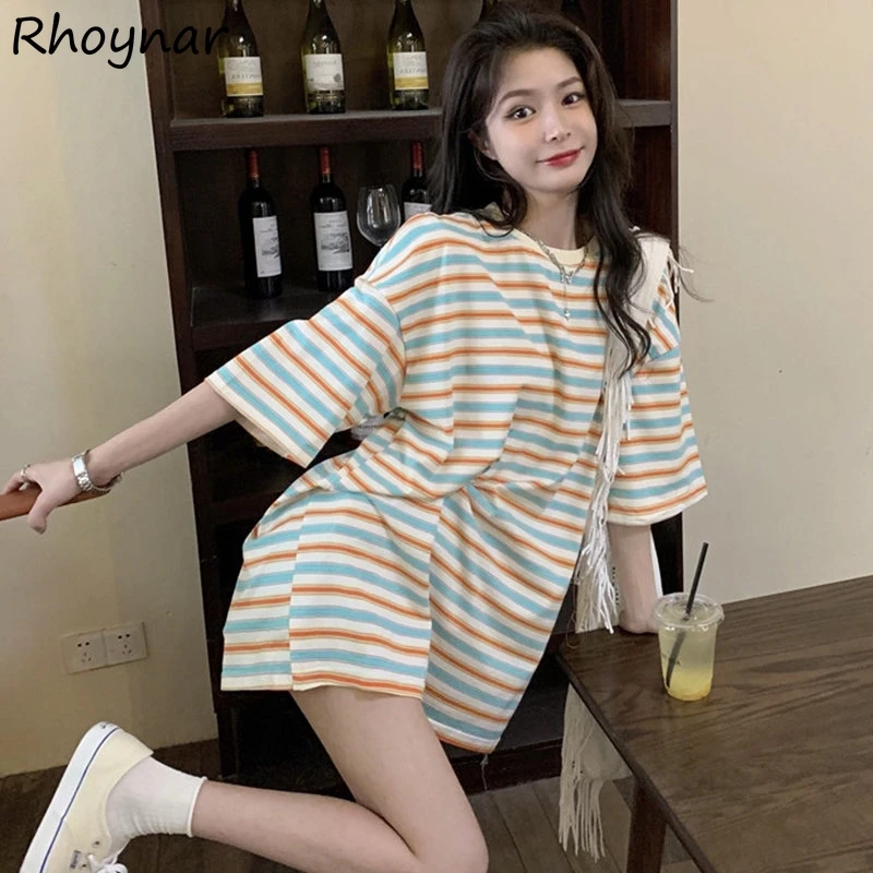 

Short Sleeve T-shirts Loose Striped Retro Young Kawaii Preppy Chic Ulzzang Summer All-match Streetwear Harajuku Cool Females Ins