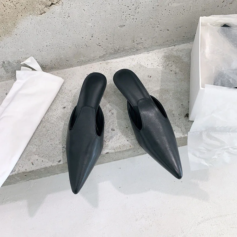 French Pointed Toe Slim Heel Cat Heel Muller Shoes Women's 2023 Summer New Genuine Leather Baotou Half Slippers Women's Shoes