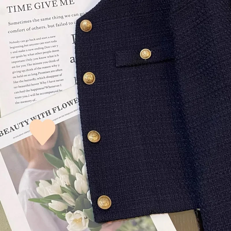 Navy Blue Short Jacket Striped Patchwork