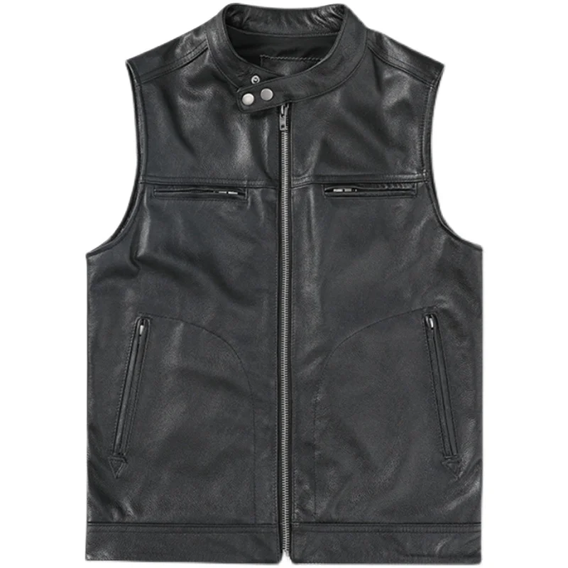 

Black Genuine Cowhide Leather Vest Men Leather Vests Slim Fit Veste Homme Motorcycle Biker Waistcoat Мотоцикл