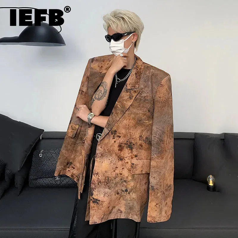 

IEFB Fashion New Men's Blazer Autumn Winter Clothing Trend 2023 Casual Contrast Color Lace Up Male Tops Tie Dye Jackets 24X2058