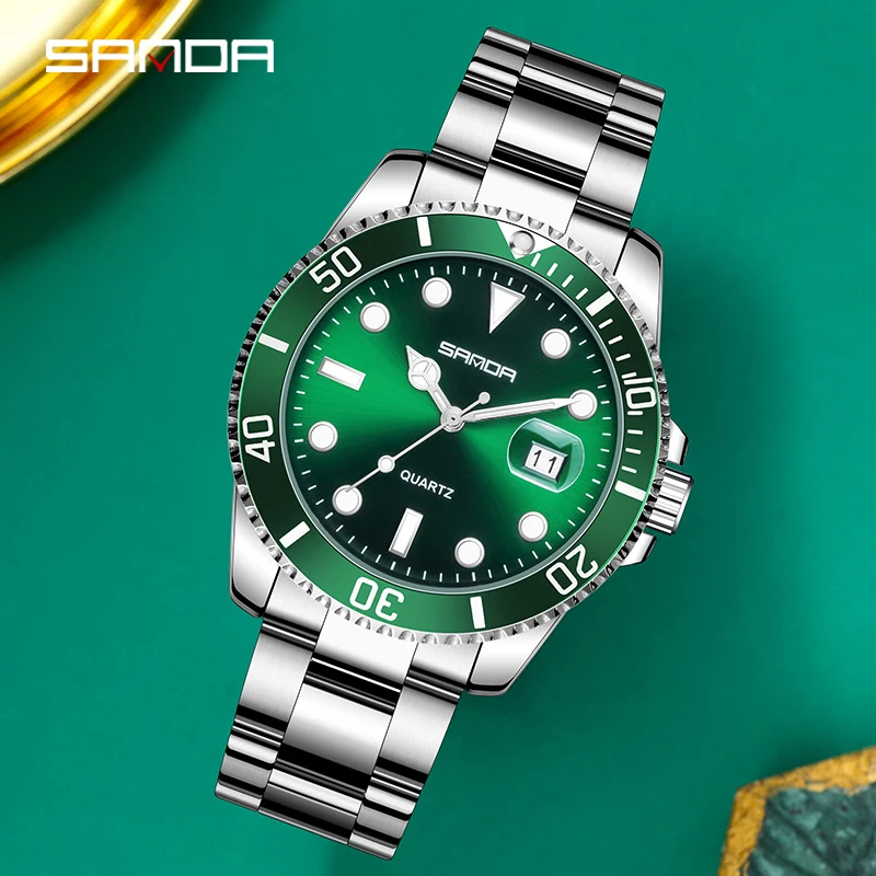 SANDA Quartz Watch Men Fashion Green Water Ghost Watches Simple Calendar Display 30M Waterproof Clock Mens Business Watch Reloj