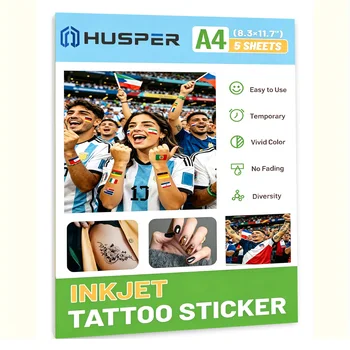 Carta per tatuaggi temporanei stampabile A4, 5 pezzi, per stampanti a getto d'inchiostro, utilizzabile su pelle, partite di calcio, feste e celebrazioni.