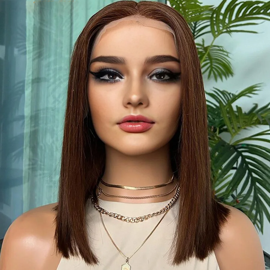 

Preplucked Glueless Brown 180% Density Short Bob Silky Straight Soft Deep Lace Front Wigs For Black Women With Baby Hair Daily