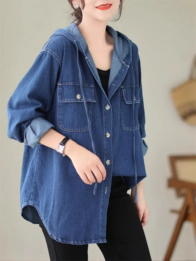 

Женская джинсовая рубашка с капюшоном, Повседневная джинсовая куртка большого размера, модель Z2546 в Корейском стиле на весну и осень, 2023