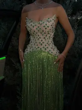 Luxury Green Tassel Prom Dress Strapless Rhinestone Beaded Flower Sheath Empire Evening Dress Sexy Formal Party Gowns Customized 1
