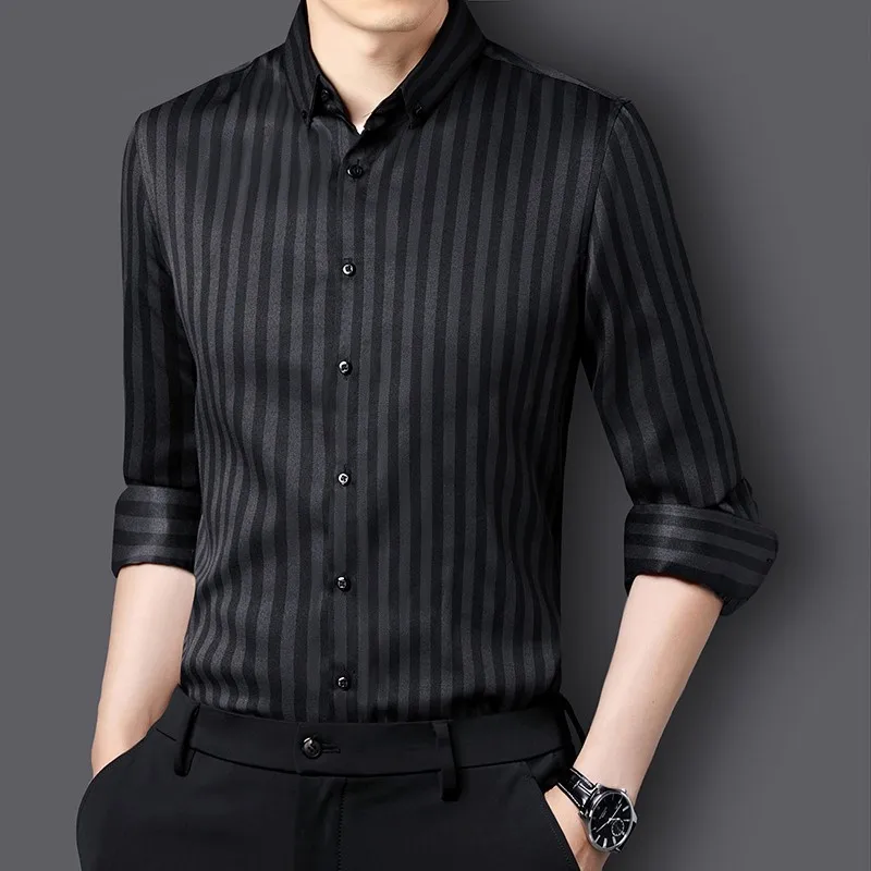 

High Quality Men's Striped Shirt Long Sleeved Business Design Casual Black Color Gentleman Coat Smooth Soft New Arrivals Tops