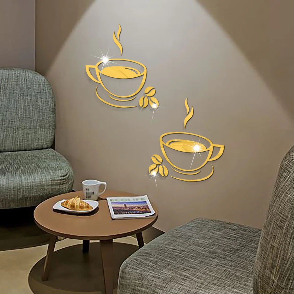 2Pcs Acrylic Coffee Cup Decoration Mirror Wall Stickers Diy Self Adhesive Restaurant Bar Decoration Wall Stickers