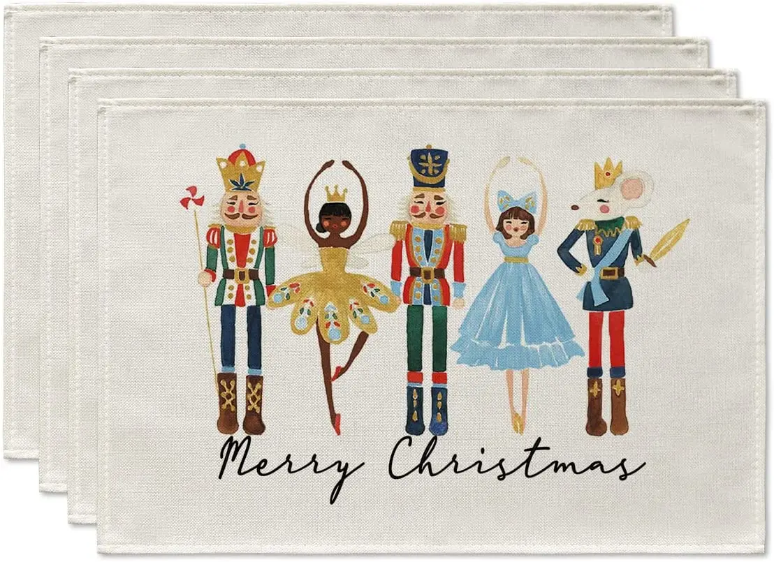 

Watercolor Nutcrackers Xmas Balls Merry Christmas Placemats Set of 4 12x18 Inch Seasonal Winter Holiday Table Mats for Party