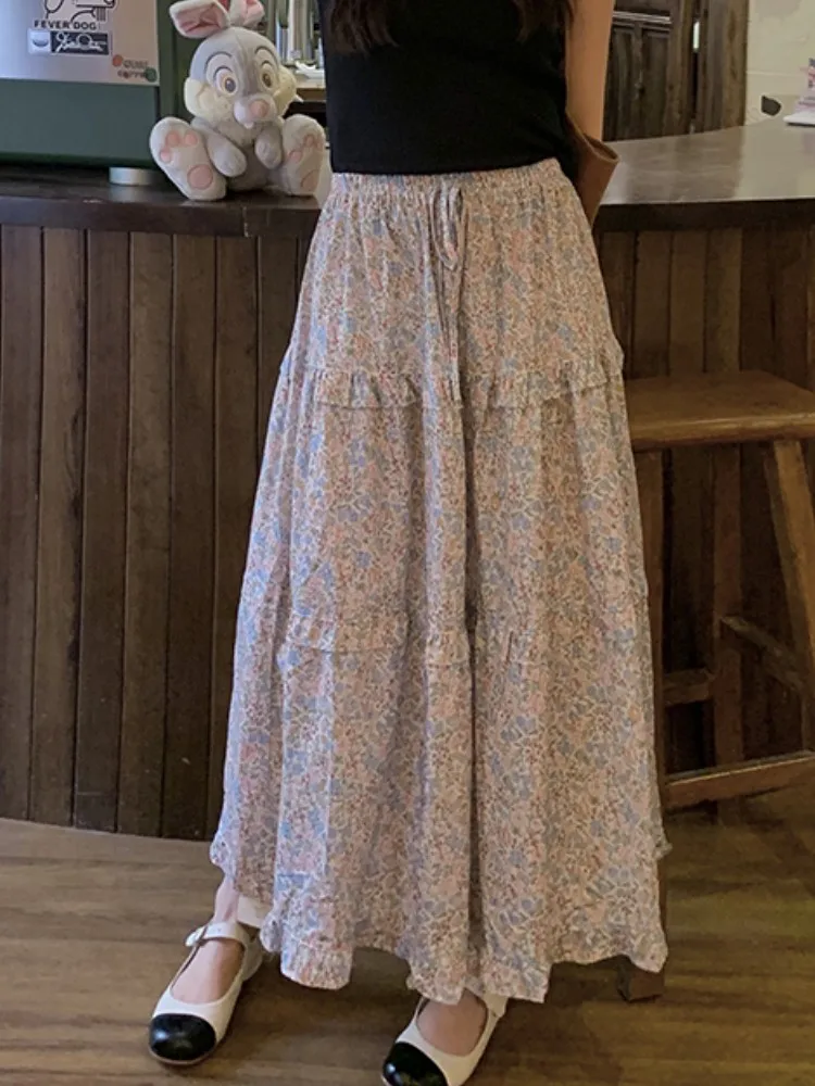 

Qiukichonson Floral Mid Long Skirt Women Lace Up 2023 Spring Summer Korean Style Casual Vintage High Waisted Ruffle Skirt rok