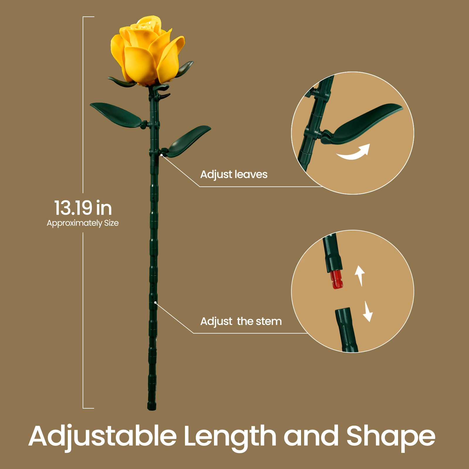 Yellow rose building block flower showing adjustable stem and leaf positions