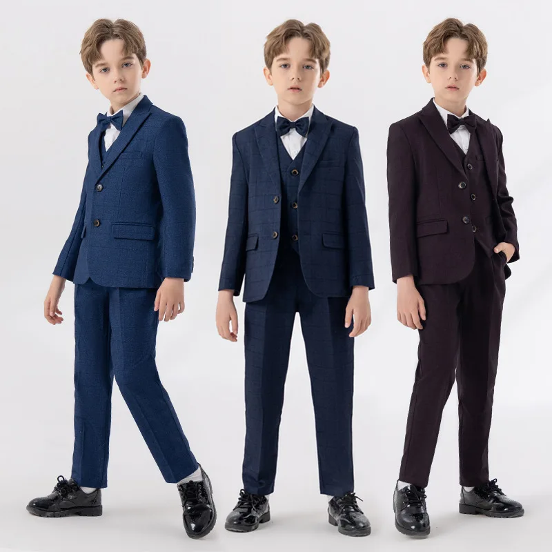 

Boys Autumn Witner Plaid Suit Set Kids Wedding Party Event Stage Performance Costumes Children Blazer Vest Pants Bowtie Outfits
