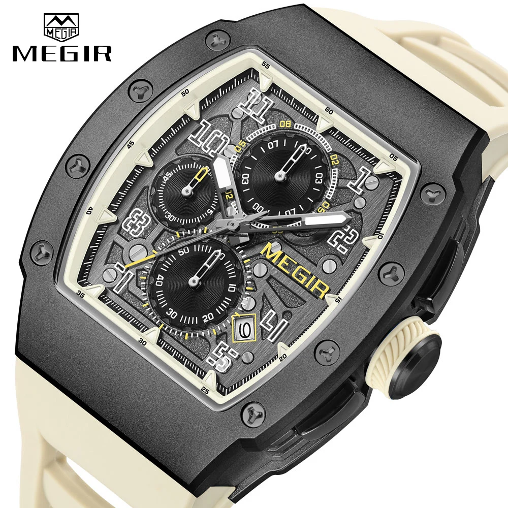 MEGIR Chronograph Quartz Watch for Men Fashion Waterproof Luminous Silicone Band 316 Stainless Steel Case Male Wristwatch Date
