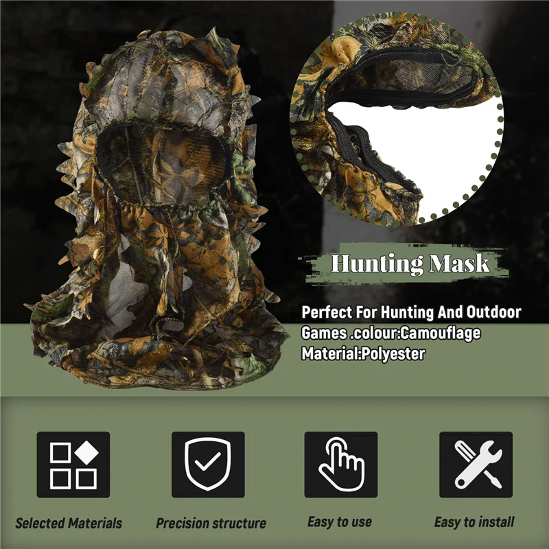 HOES-Camouflage Hunting Leafy 3D Face Mask Hood Outdoor Hunting Fishing Headgear Camo Hat