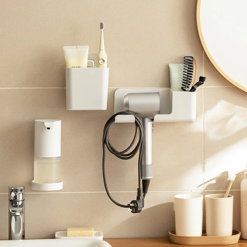 Hair Dryer Holder Wall Bathroom Shelf Without Drilling Plastic Hair Dryer Stand with Storage Box Toilet Blower Holder Shelf