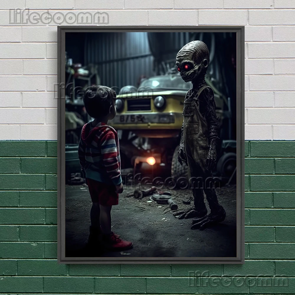 Chilling Horror Illustrations Art Poster Print - Brave Children Confront Terrifying Monsters Wall Canvas Home Decor