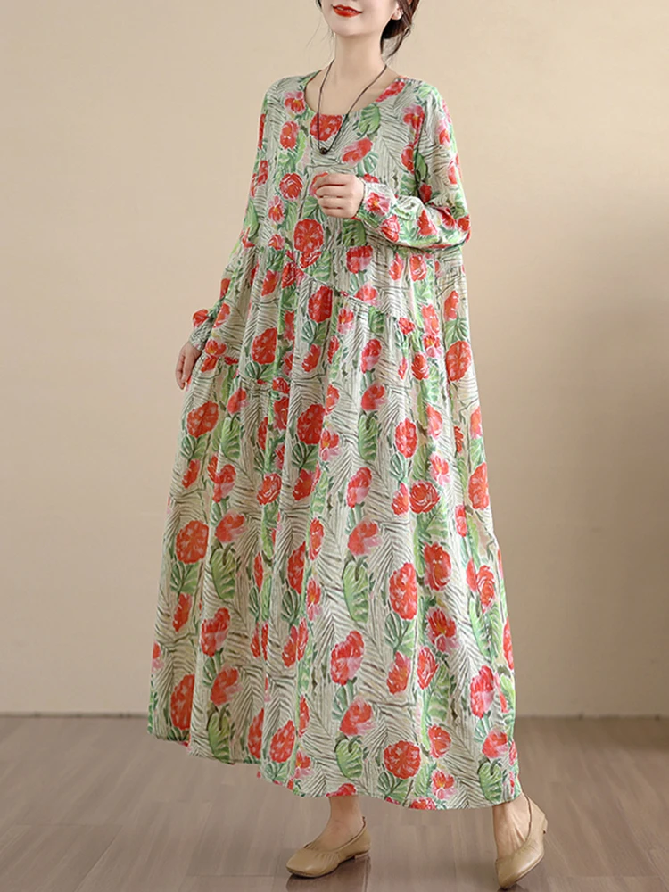 2025 Spring Autumn New Long Sleeve Cotton Floral Print Vintage Dresses For Women Casual Loose Midi Dress Femme Elegant Clothing