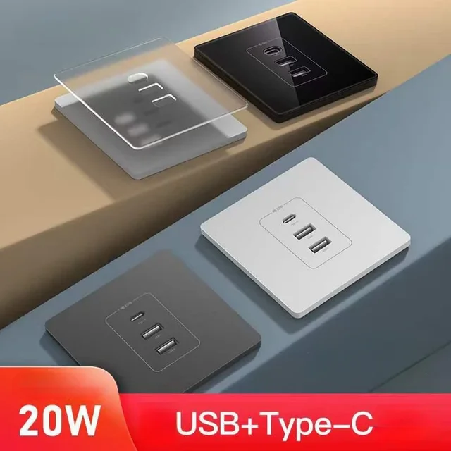 2025 Type86*86 20 W Fast Type C 220 V 3.1 สมาร์ทชาร์จอะแดปเตอร์ปลั๊ก SOCKET Universal TypeC Dual USB SOCKET 1